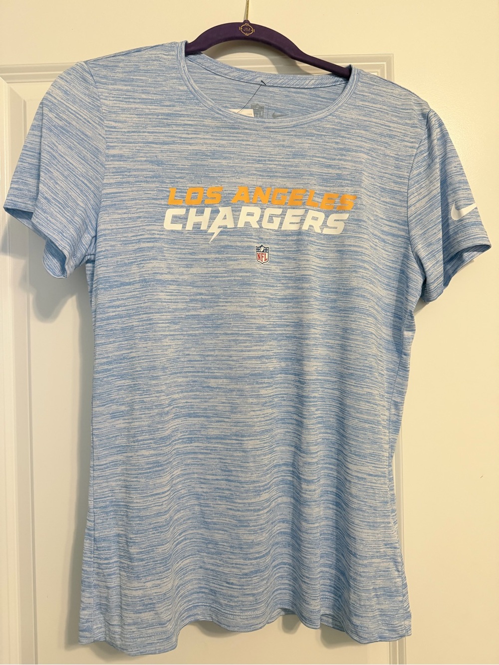 Nike Women's Light Blue Short Sleeve Velocity Tee with Yellow Accent